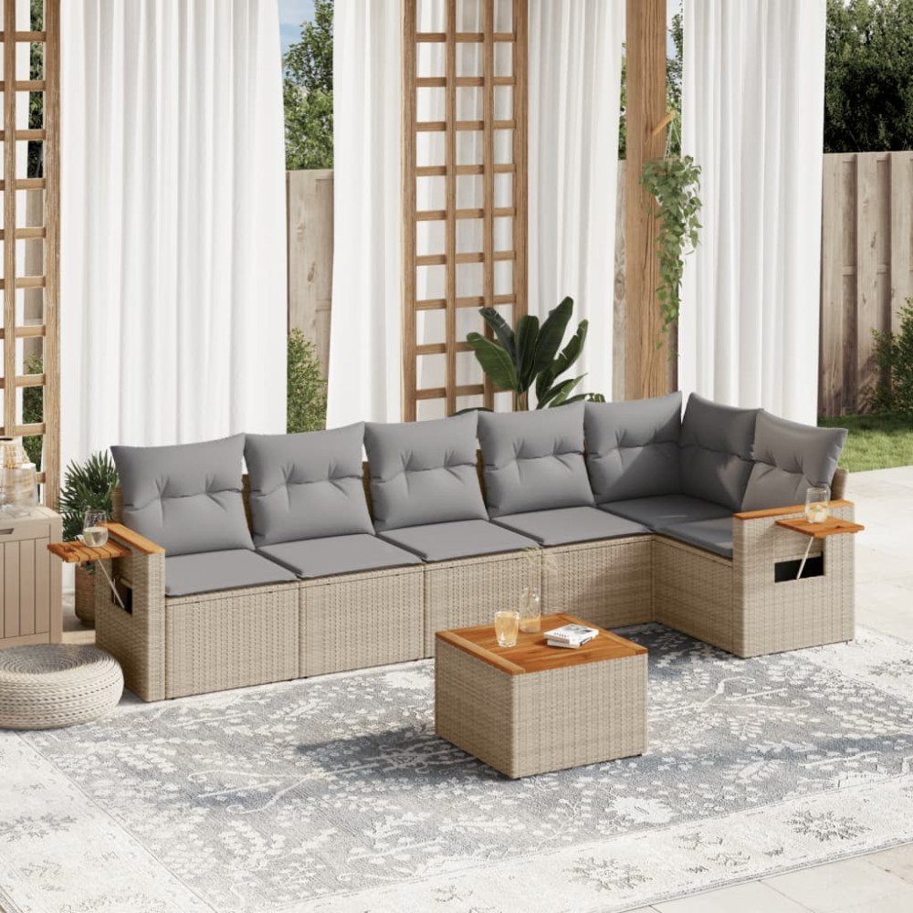 vidaXL Matgrupp för trädgården med dynor 7 delar beige konstrotting