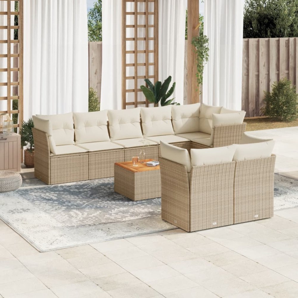 vidaXL Soffgrupp för trädgården med dynor 9 delar beige konstrotting