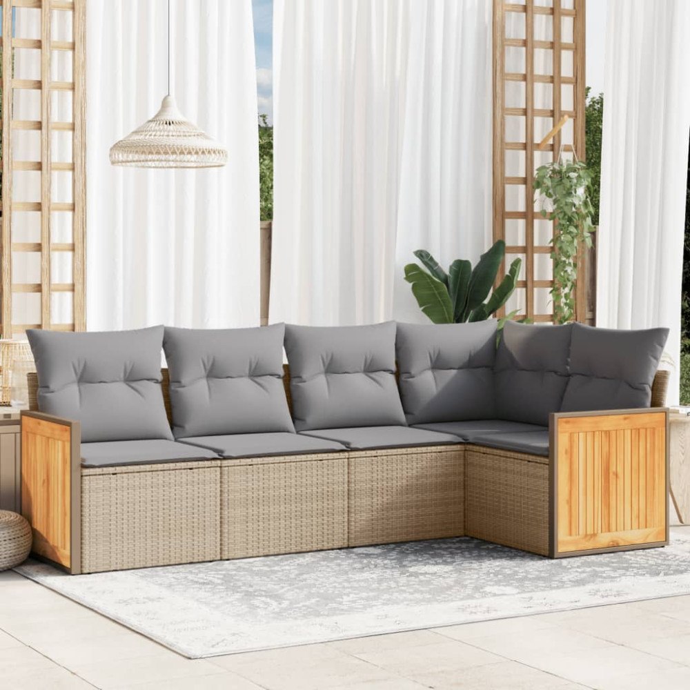 vidaXL Soffgrupp för trädgården med dynor 5 delar beige konstrotting