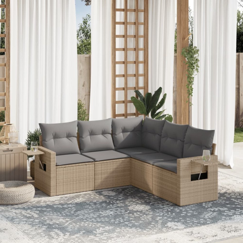 vidaXL Soffgrupp för trädgården med dynor 5 delar beige konstrotting