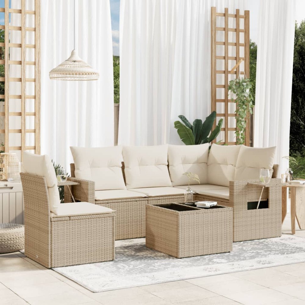 vidaXL Soffgrupp för trädgården med dynor 6 delar beige konstrotting