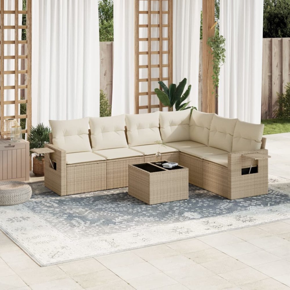 vidaXL Matgrupp för trädgården med dynor 7 delar beige konstrotting