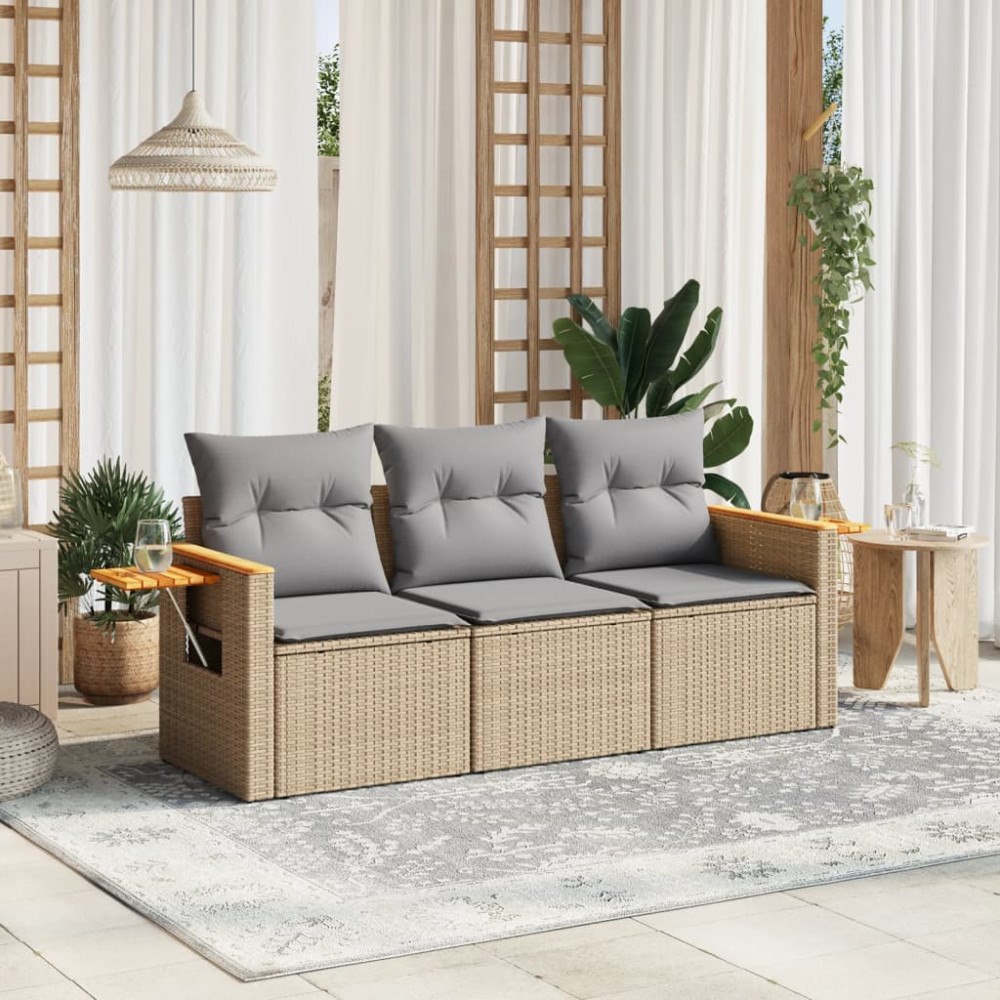 vidaXL Soffgrupp för trädgården 3 delar med dynor beige konstrotting