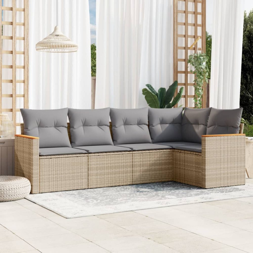 vidaXL Soffgrupp för trädgården med dynor 5 delar beige konstrotting