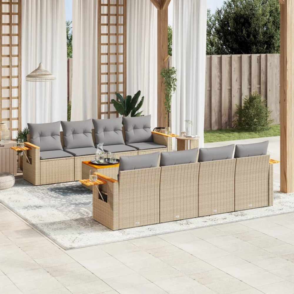 vidaXL Soffgrupp för trädgården med dynor 9 delar beige konstrotting
