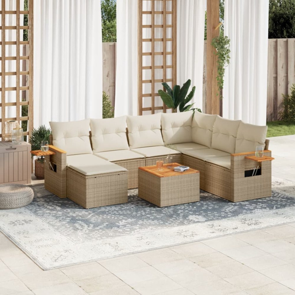 vidaXL Matgrupp för trädgården med dynor 8 delar beige konstrotting