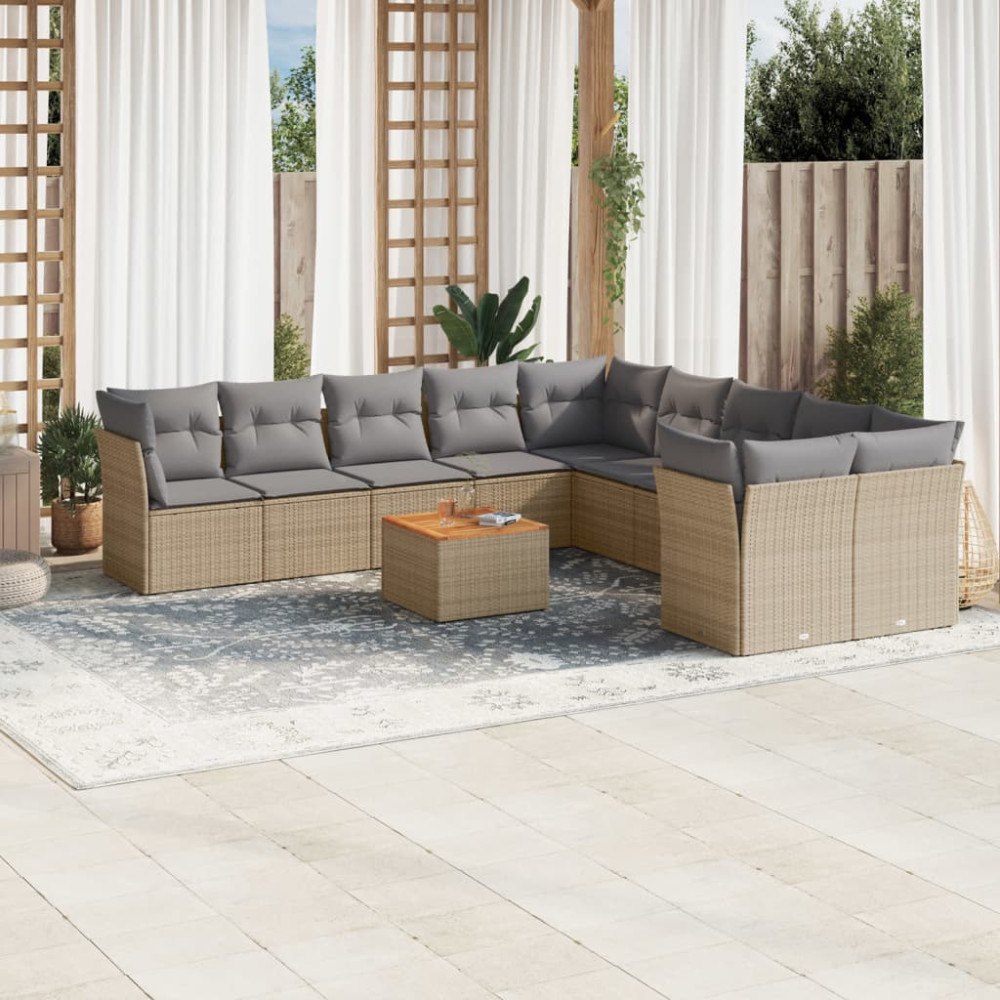 vidaXL Loungegrupp för trädgården m. dynor 11 delar beige konstrotting