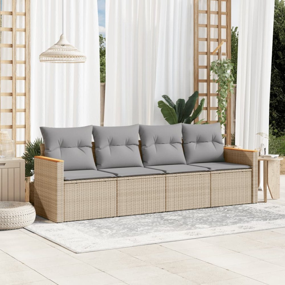 vidaXL Soffgrupp för trädgård med dynor 4 delar beige konstrotting