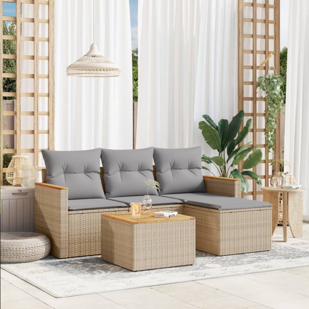 vidaXL Soffgrupp för trädgården med dynor 5 delar beige konstrotting