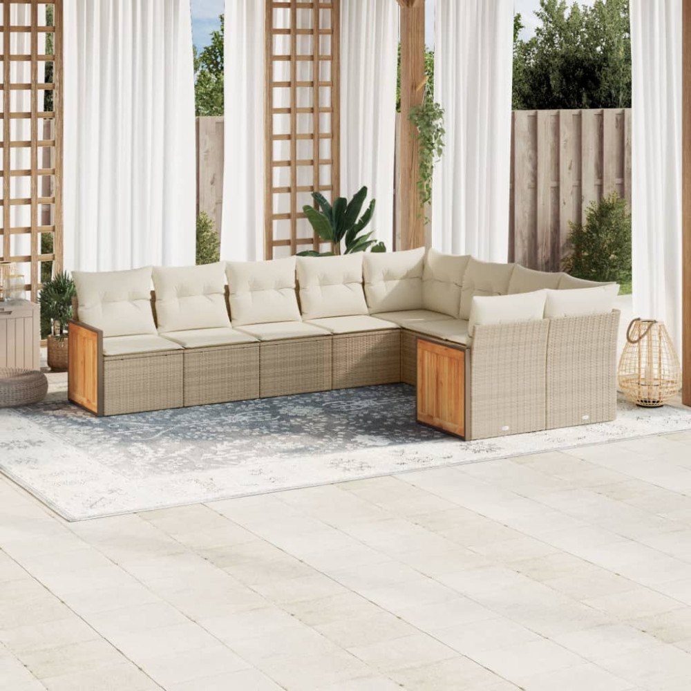 vidaXL Soffgrupp för trädgården med dynor 9 delar beige konstrotting