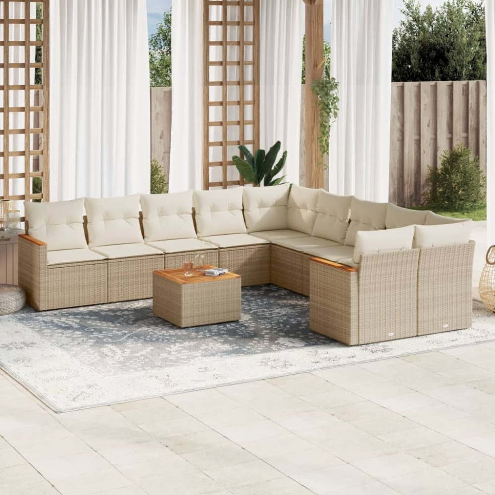 vidaXL Loungegrupp för trädgården m. dynor 11 delar beige konstrotting