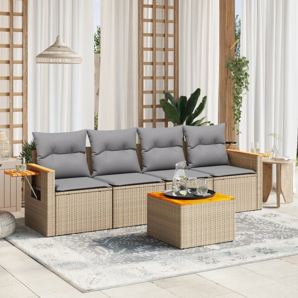 vidaXL Soffgrupp för trädgården med dynor 5 delar beige konstrotting