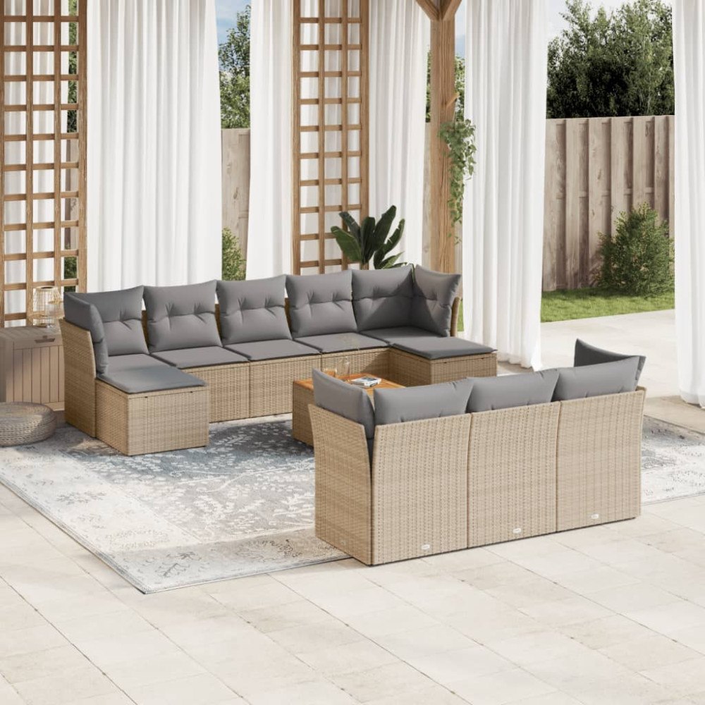 vidaXL Loungegrupp för trädgården m. dynor 11 delar beige konstrotting