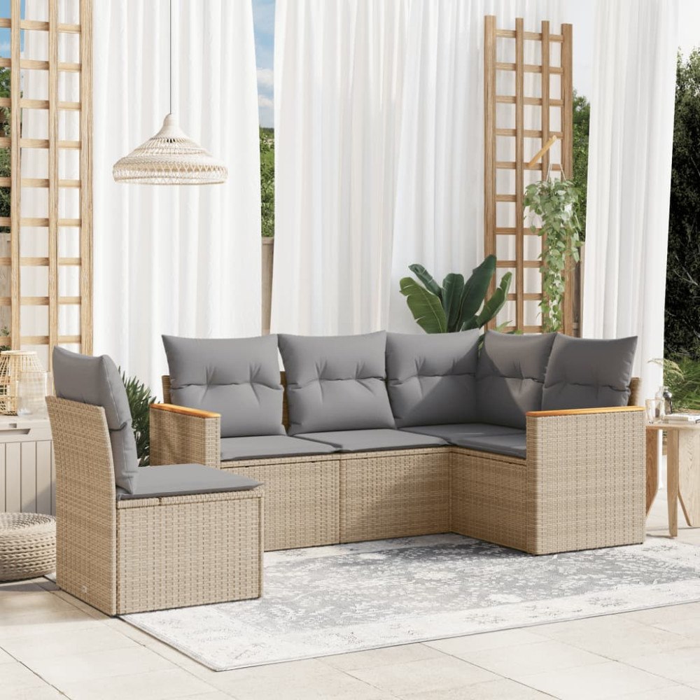 vidaXL Soffgrupp för trädgården med dynor 5 delar beige konstrotting