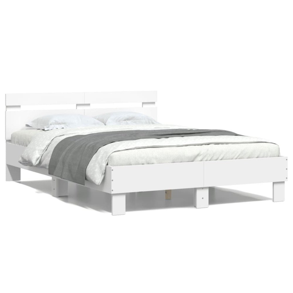 vidaXL Sängram med huvudgavel och LED vit 135x190 cm