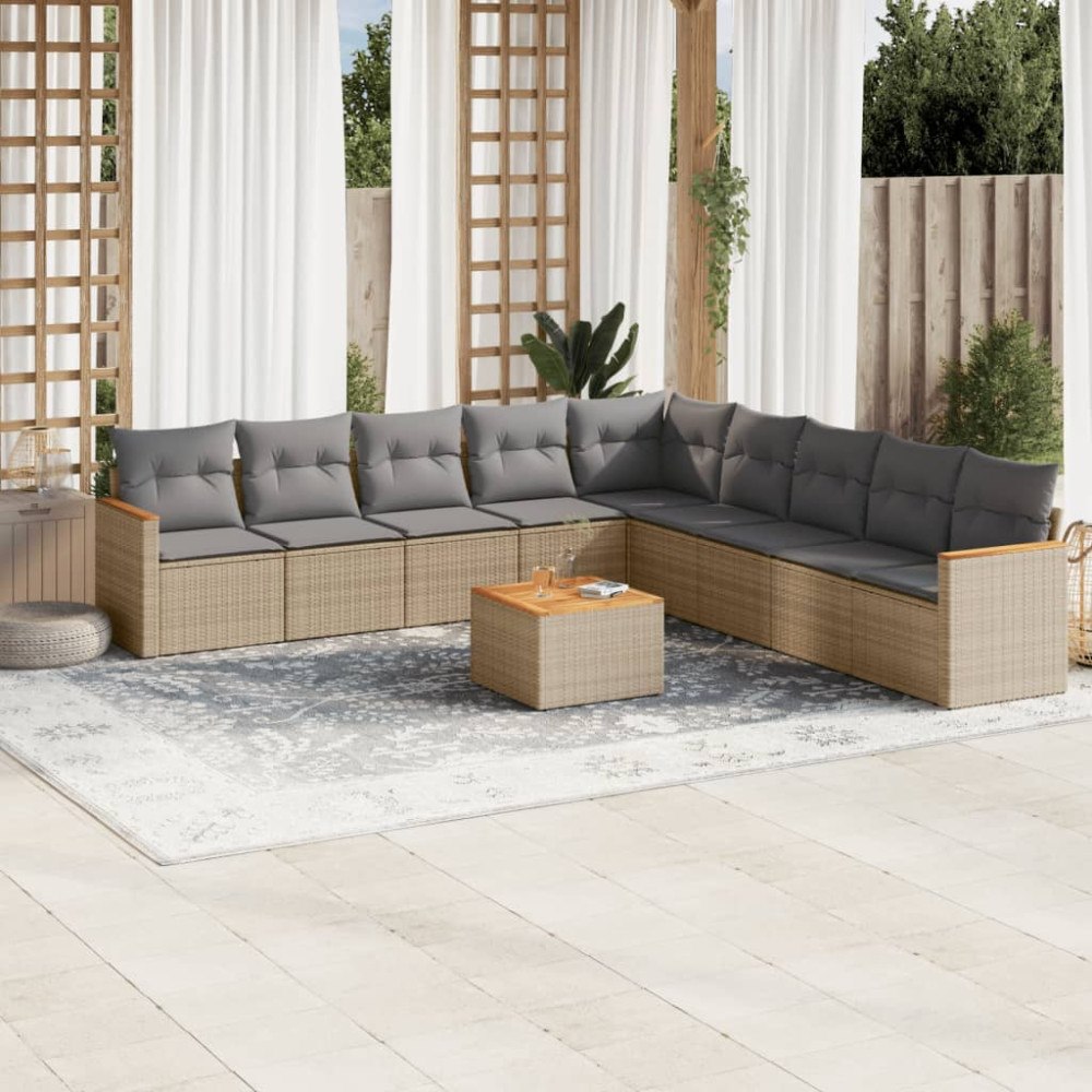 vidaXL Soffgrupp för trädgård med dynor 10 delar beige konstrotting