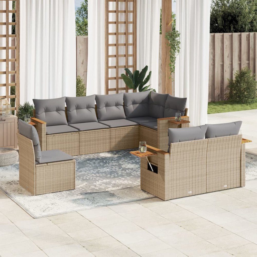 vidaXL Matgrupp för trädgården med dynor 8 delar beige konstrotting