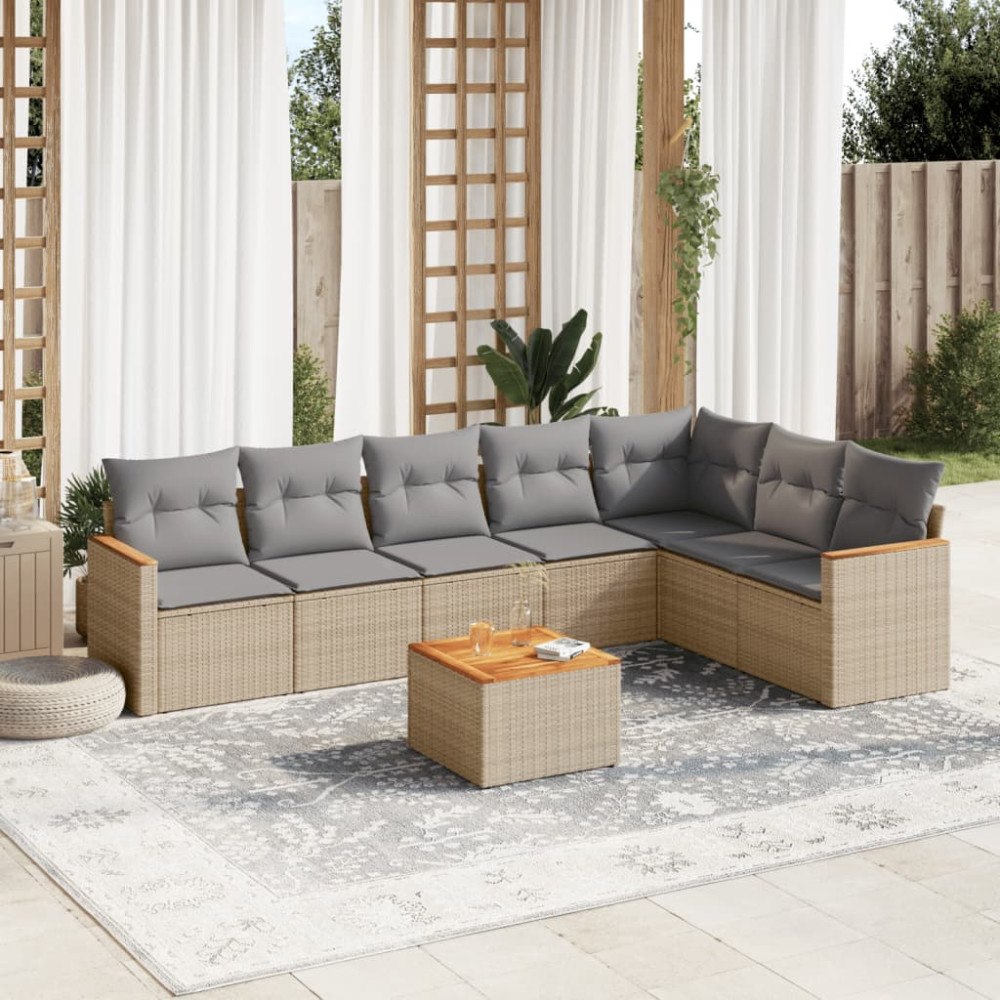 vidaXL Matgrupp för trädgården med dynor 8 delar beige konstrotting