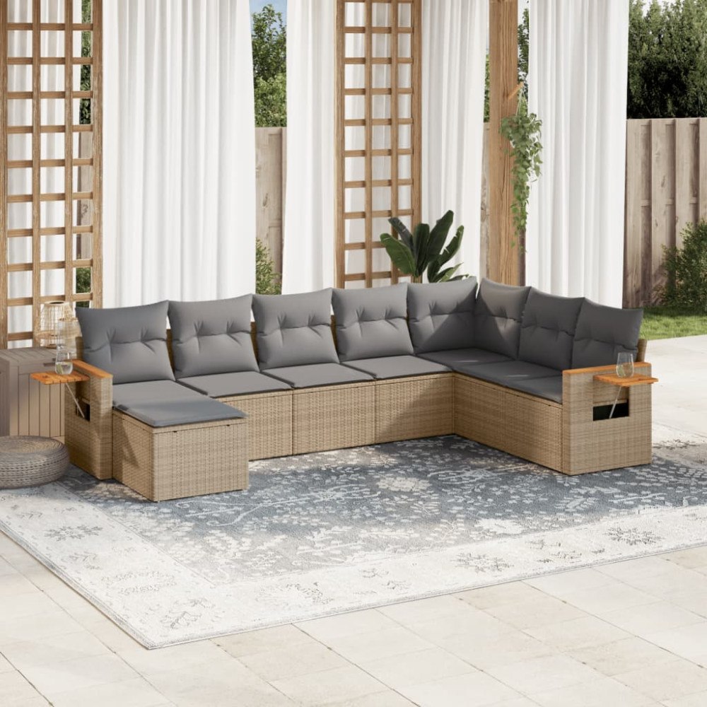 vidaXL Matgrupp för trädgården med dynor 8 delar beige konstrotting