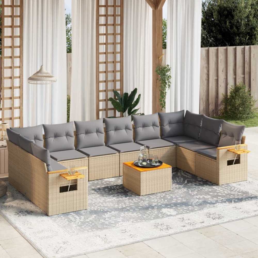 vidaXL Loungegrupp för trädgården m. dynor 11 delar beige konstrotting