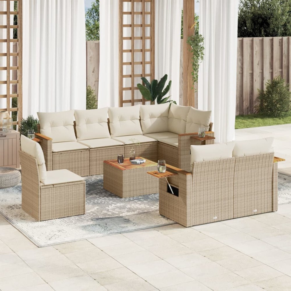 vidaXL Soffgrupp för trädgården med dynor 9 delar beige konstrotting