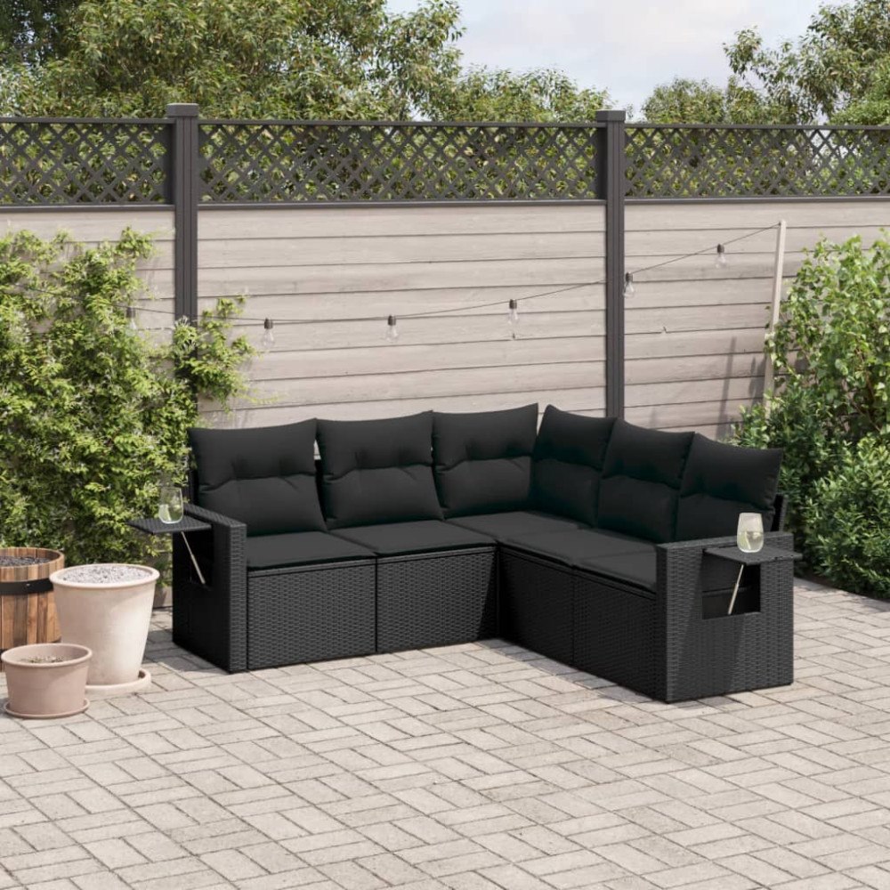 vidaXL Loungegrupp för trädgården med dynor 5 delar svart konstrotting