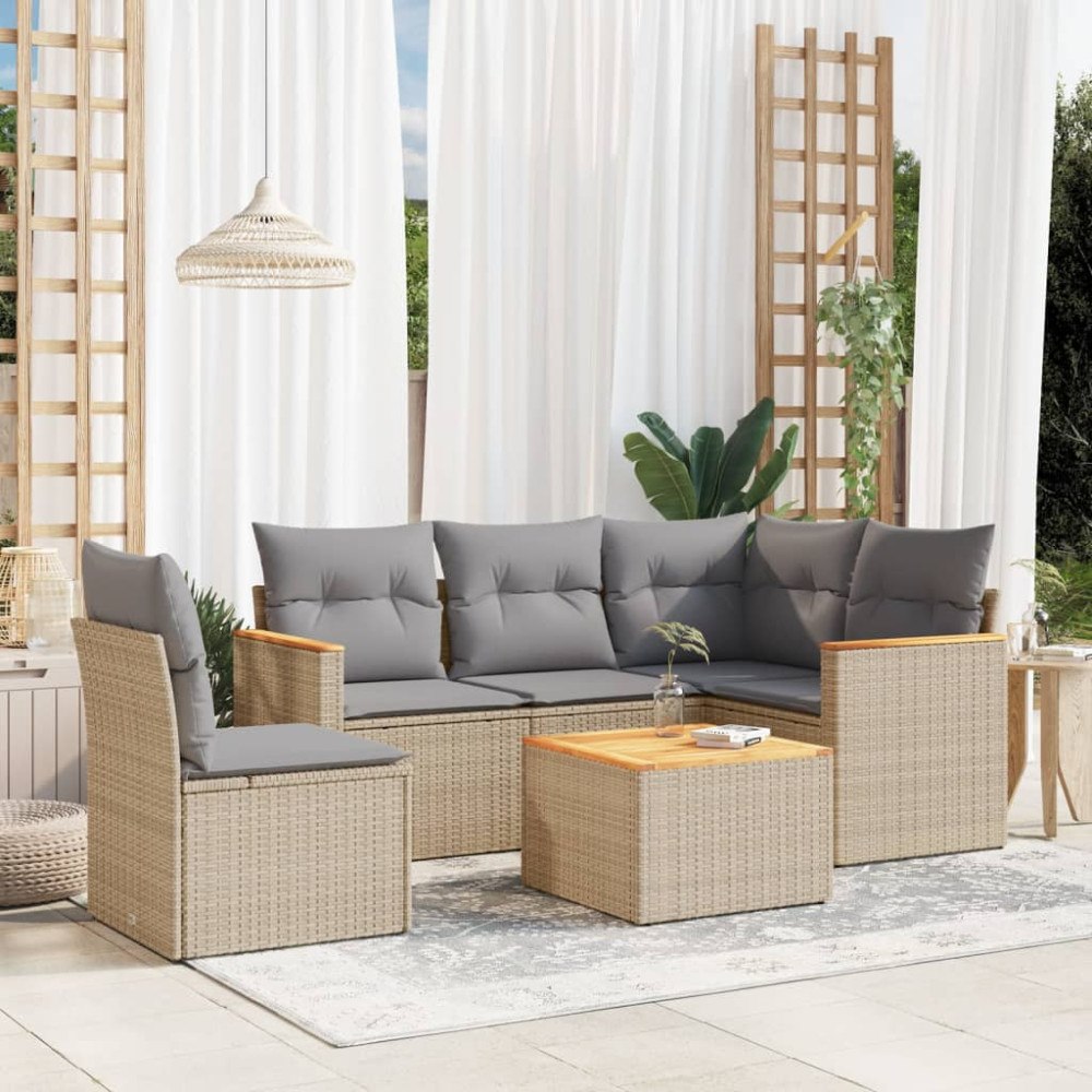 vidaXL Soffgrupp för trädgården med dynor 6 delar beige konstrotting