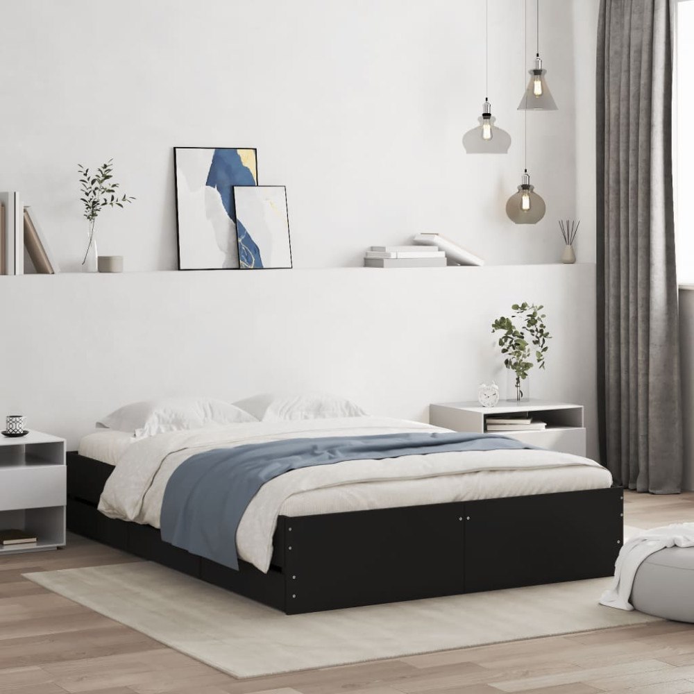 vidaXL Sängram med lådor svart 135x190 cm konstruerat trä
