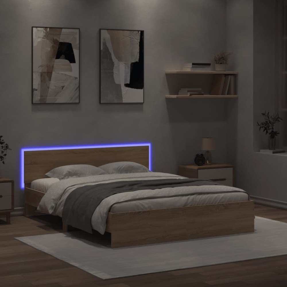 vidaXL Sängram med huvudgavel och LED sonoma-ek 160x200 cm