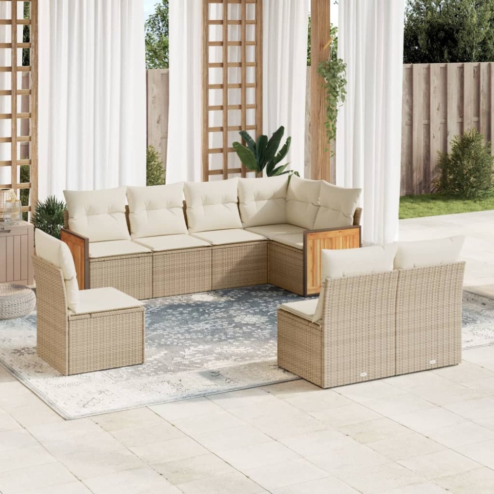 vidaXL Matgrupp för trädgården med dynor 8 delar beige konstrotting