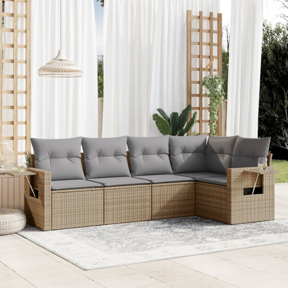 vidaXL Soffgrupp för trädgården med dynor 5 delar beige konstrotting