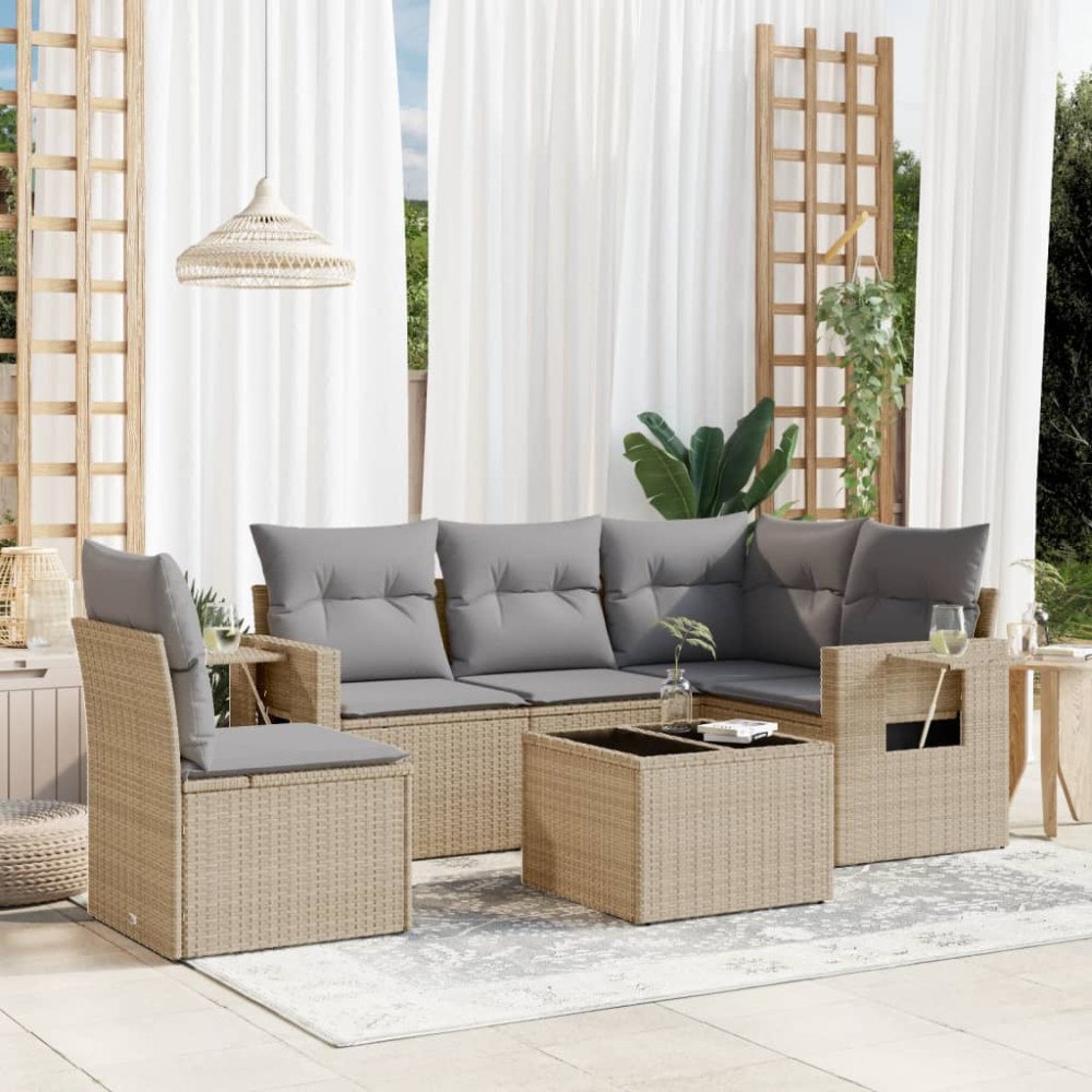 vidaXL Soffgrupp för trädgården med dynor 6 delar beige konstrotting