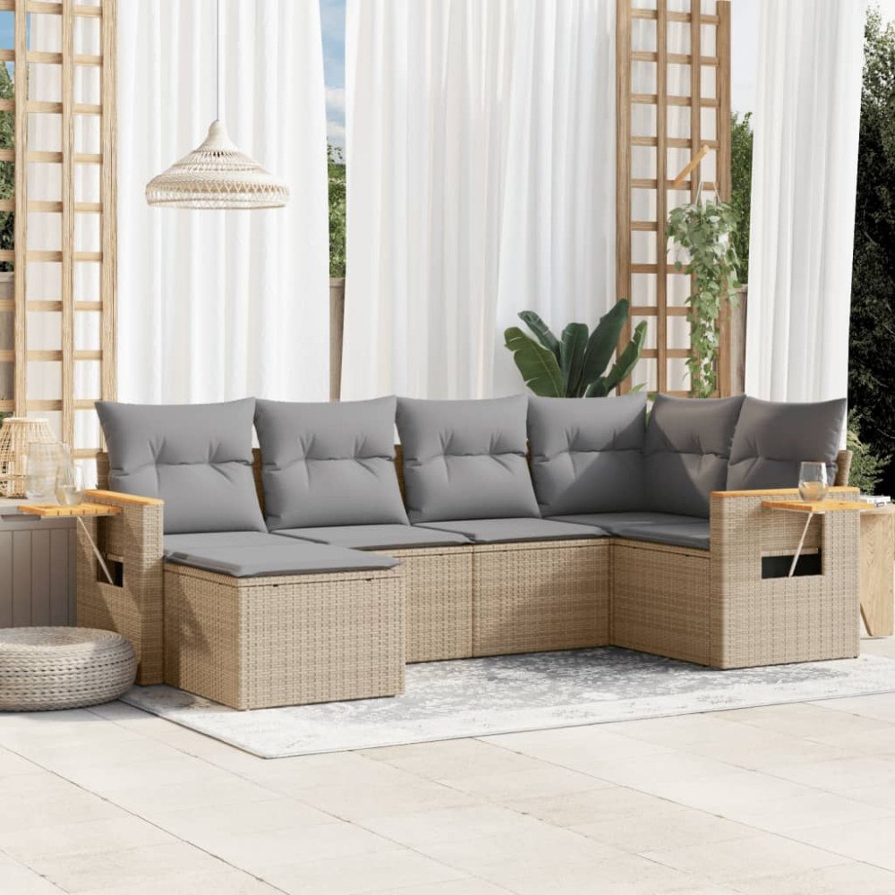 vidaXL Soffgrupp för trädgården med dynor 6 delar beige konstrotting