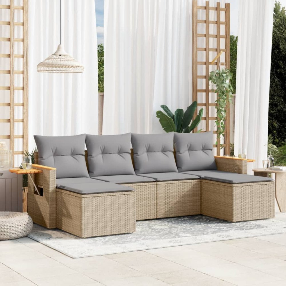vidaXL Soffgrupp för trädgården med dynor 6 delar beige konstrotting