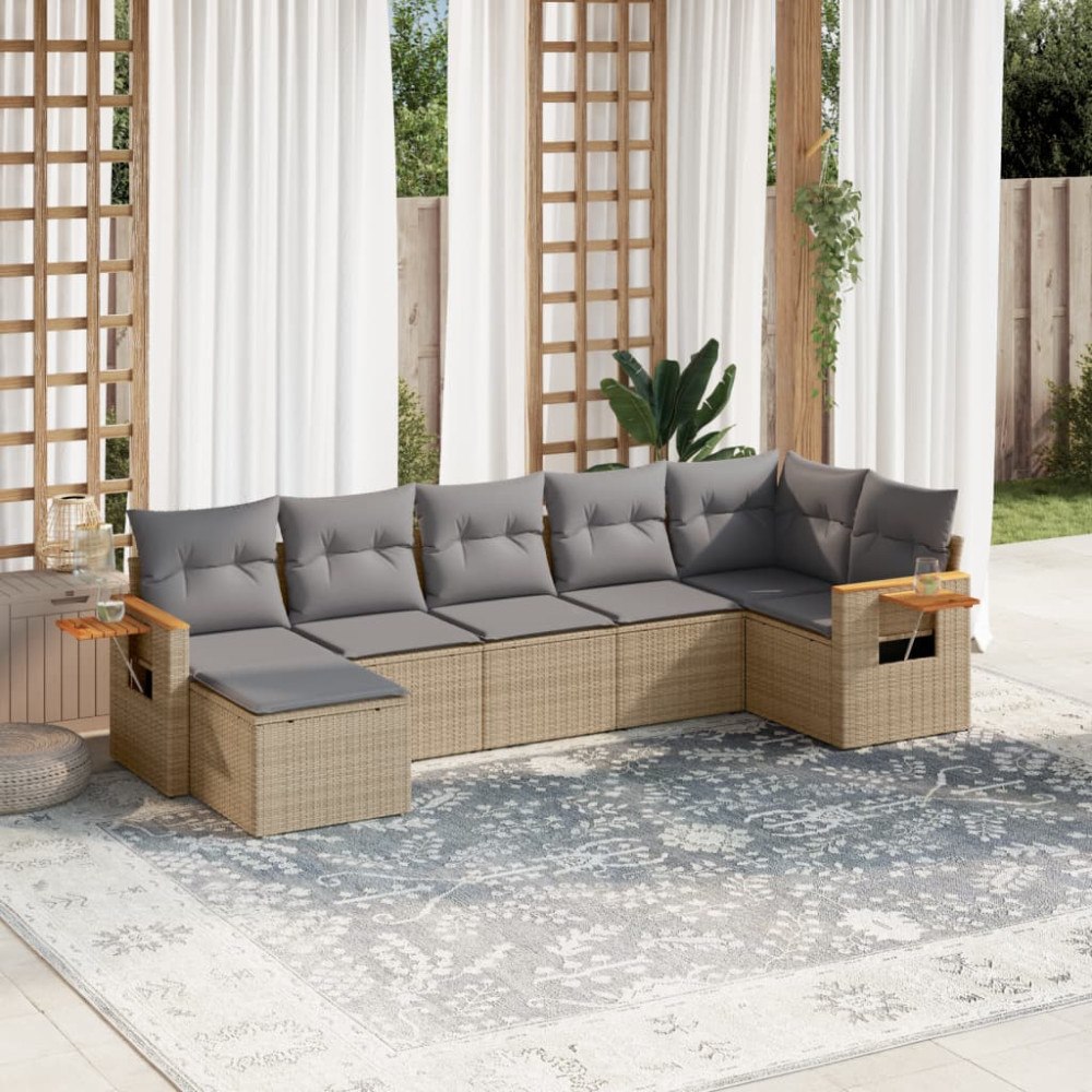 vidaXL Matgrupp för trädgården med dynor 7 delar beige konstrotting