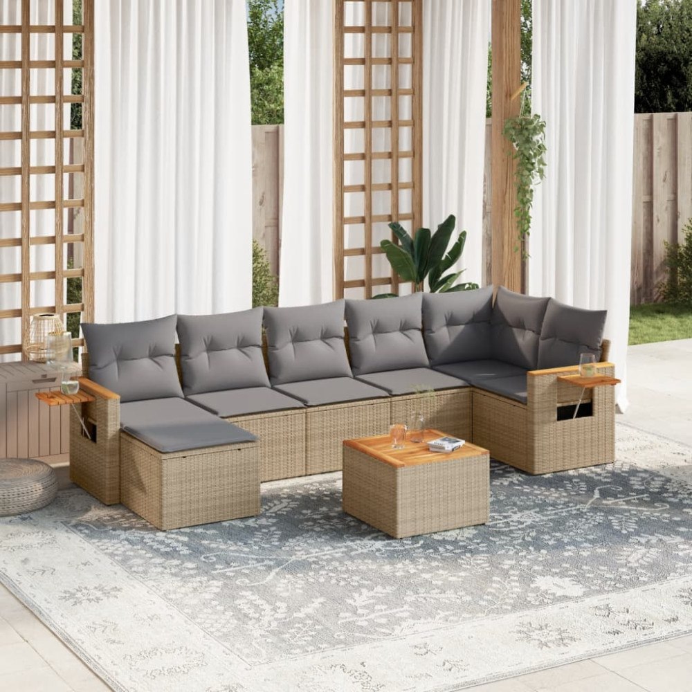 vidaXL Matgrupp för trädgården med dynor 8 delar beige konstrotting