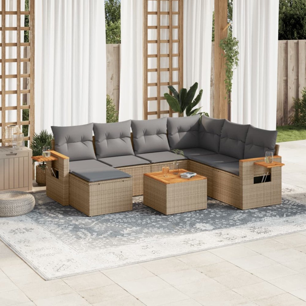 vidaXL Matgrupp för trädgården med dynor 8 delar beige konstrotting