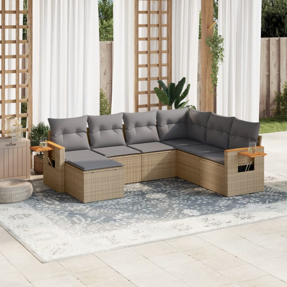vidaXL Matgrupp för trädgården med dynor 7 delar beige konstrotting