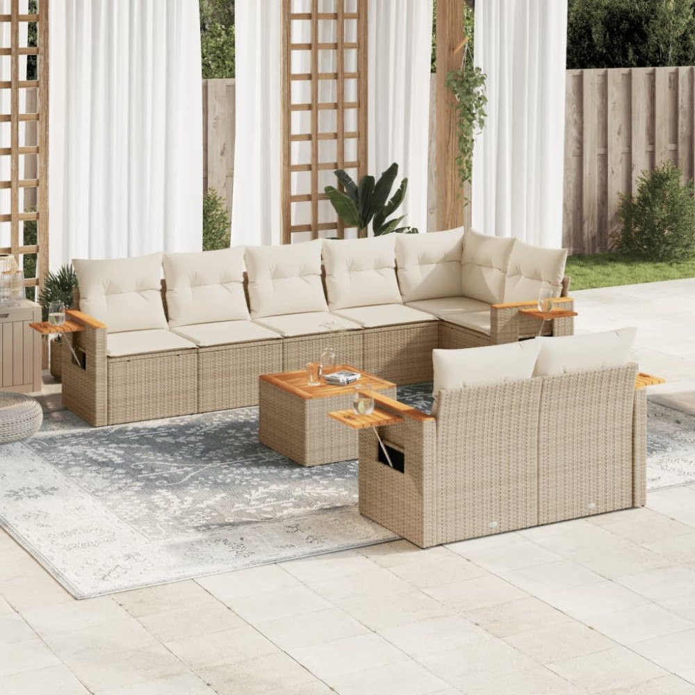 vidaXL Soffgrupp för trädgården med dynor 9 delar beige konstrotting