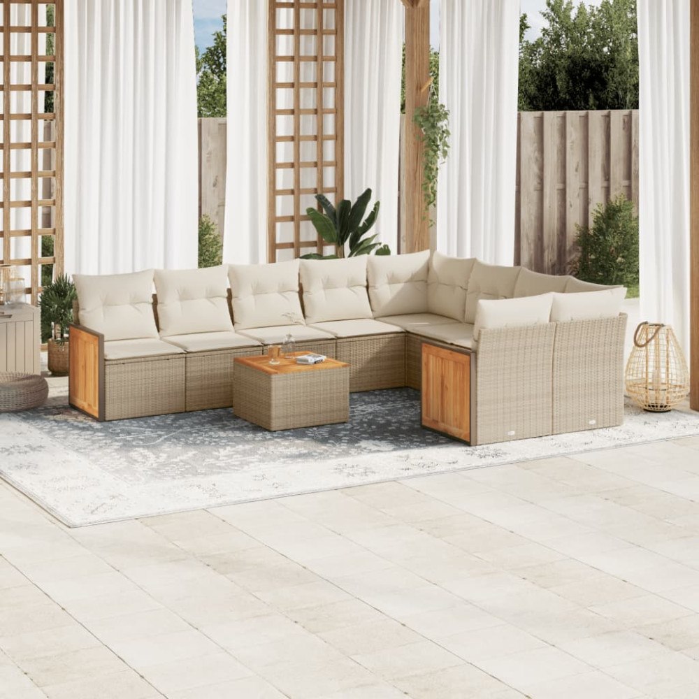 vidaXL Soffgrupp för trädgård med dynor 10 delar beige konstrotting