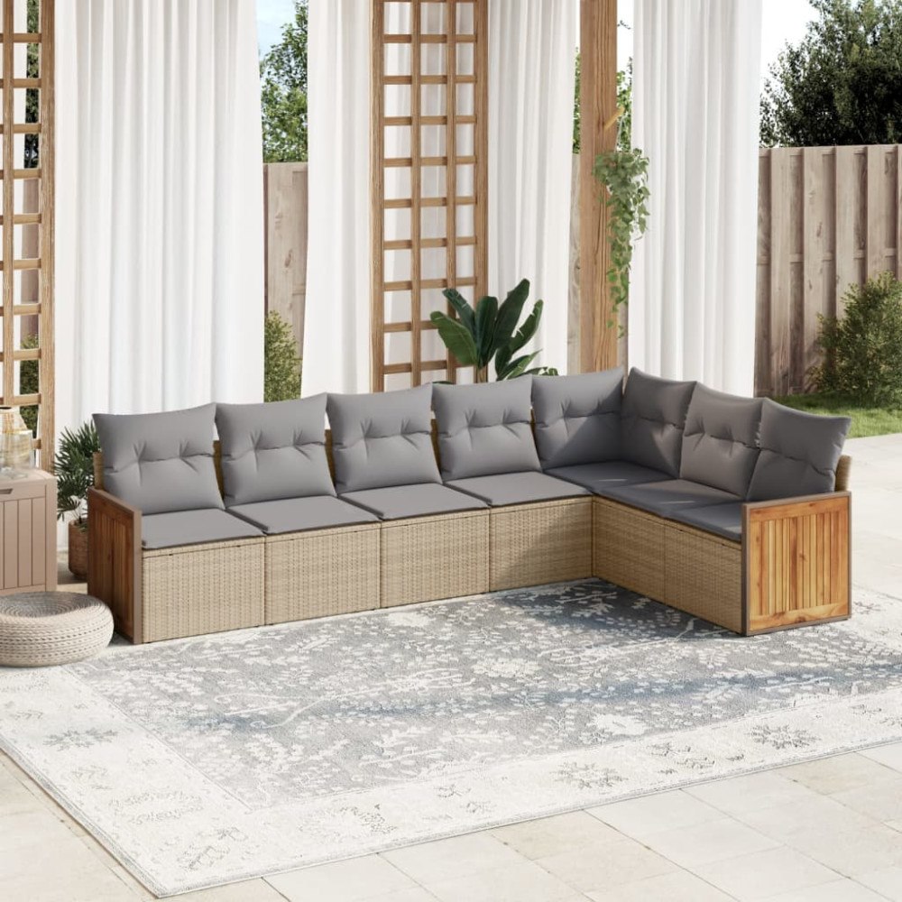vidaXL Matgrupp för trädgården med dynor 7 delar beige konstrotting