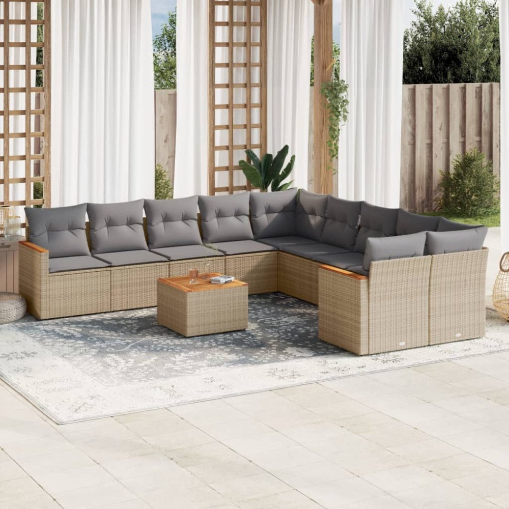 vidaXL Loungegrupp för trädgården m. dynor 11 delar beige konstrotting