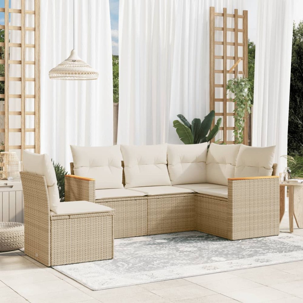 vidaXL Soffgrupp för trädgården med dynor 5 delar beige konstrotting
