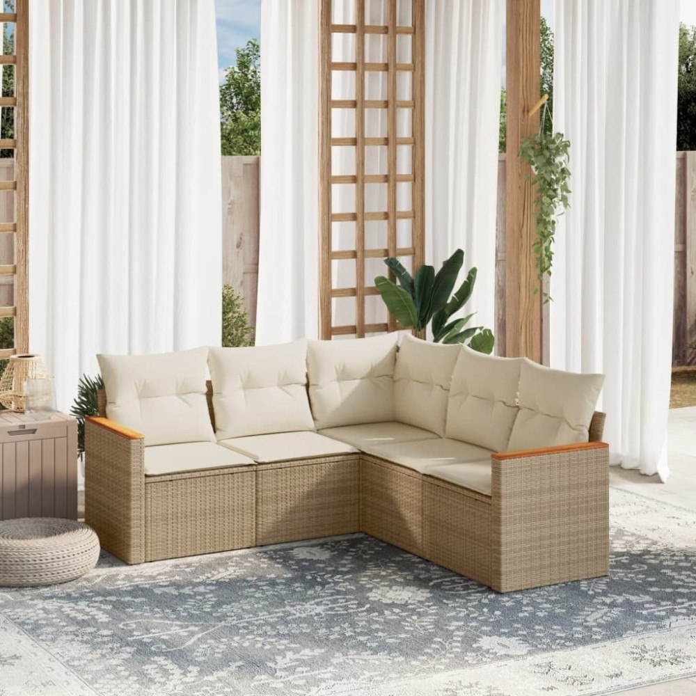 vidaXL Soffgrupp för trädgården med dynor 5 delar beige konstrotting