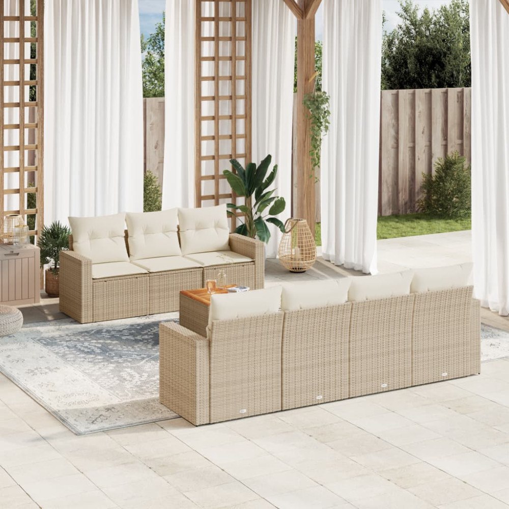 vidaXL Matgrupp för trädgården med dynor 8 delar beige konstrotting