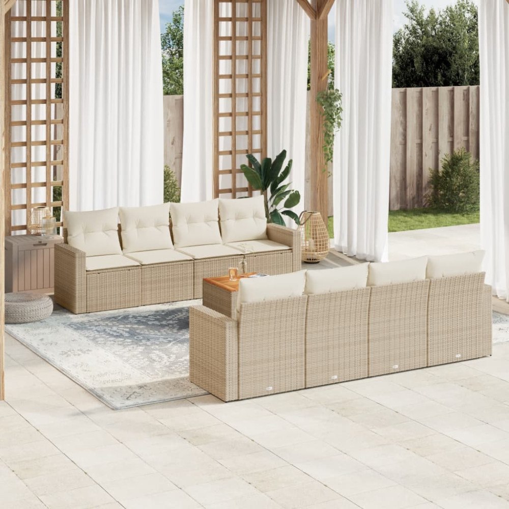 vidaXL Soffgrupp för trädgården med dynor 9 delar beige konstrotting