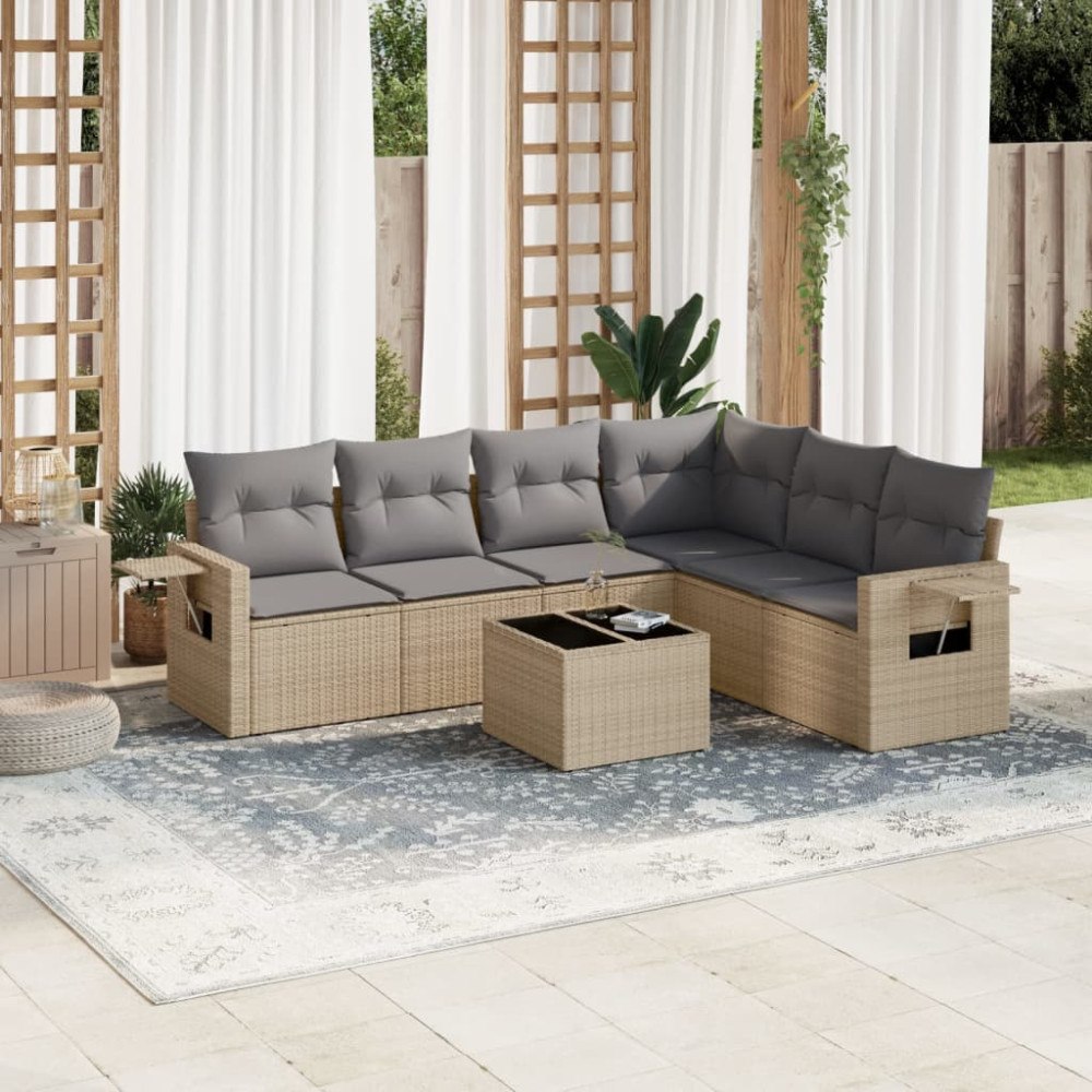 vidaXL Matgrupp för trädgården med dynor 7 delar beige konstrotting