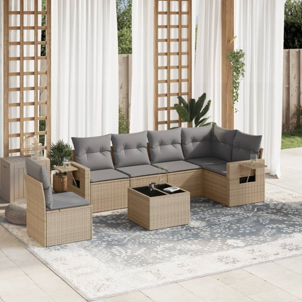 vidaXL Matgrupp för trädgården med dynor 7 delar beige konstrotting