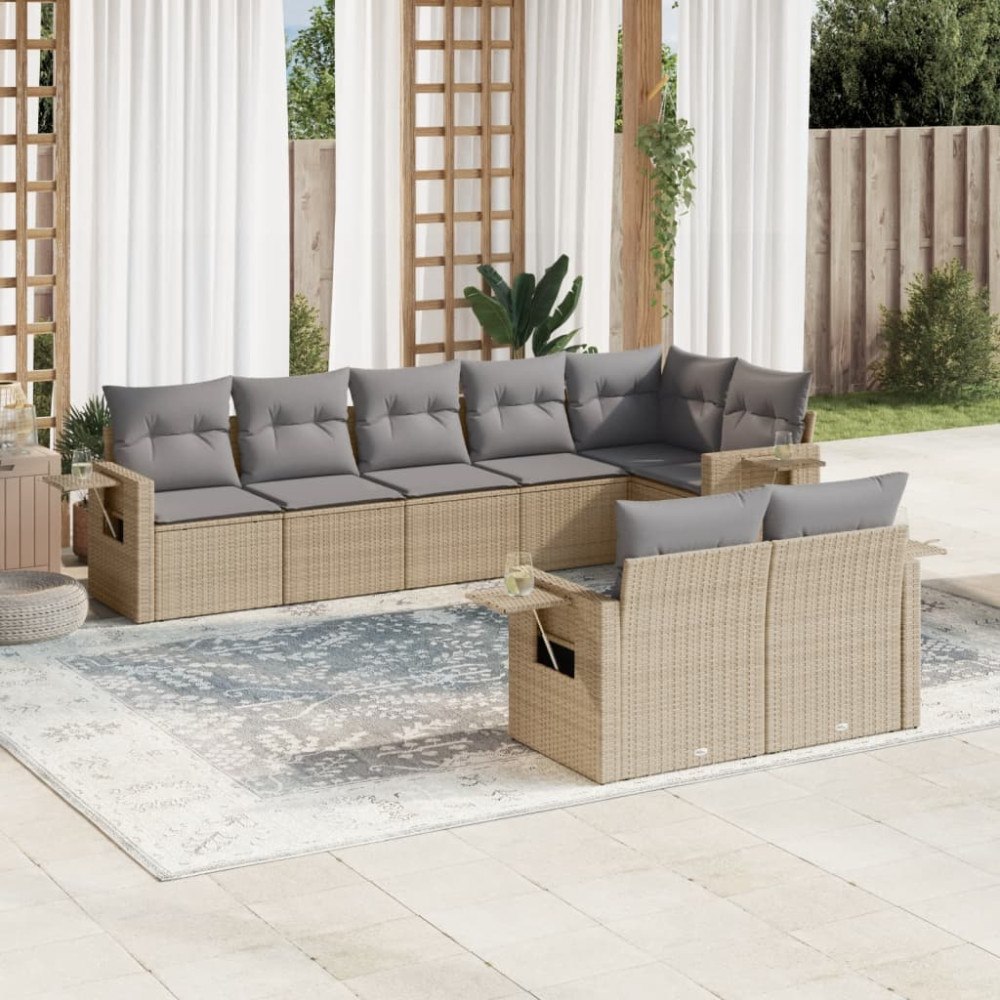 vidaXL Matgrupp för trädgården med dynor 8 delar beige konstrotting