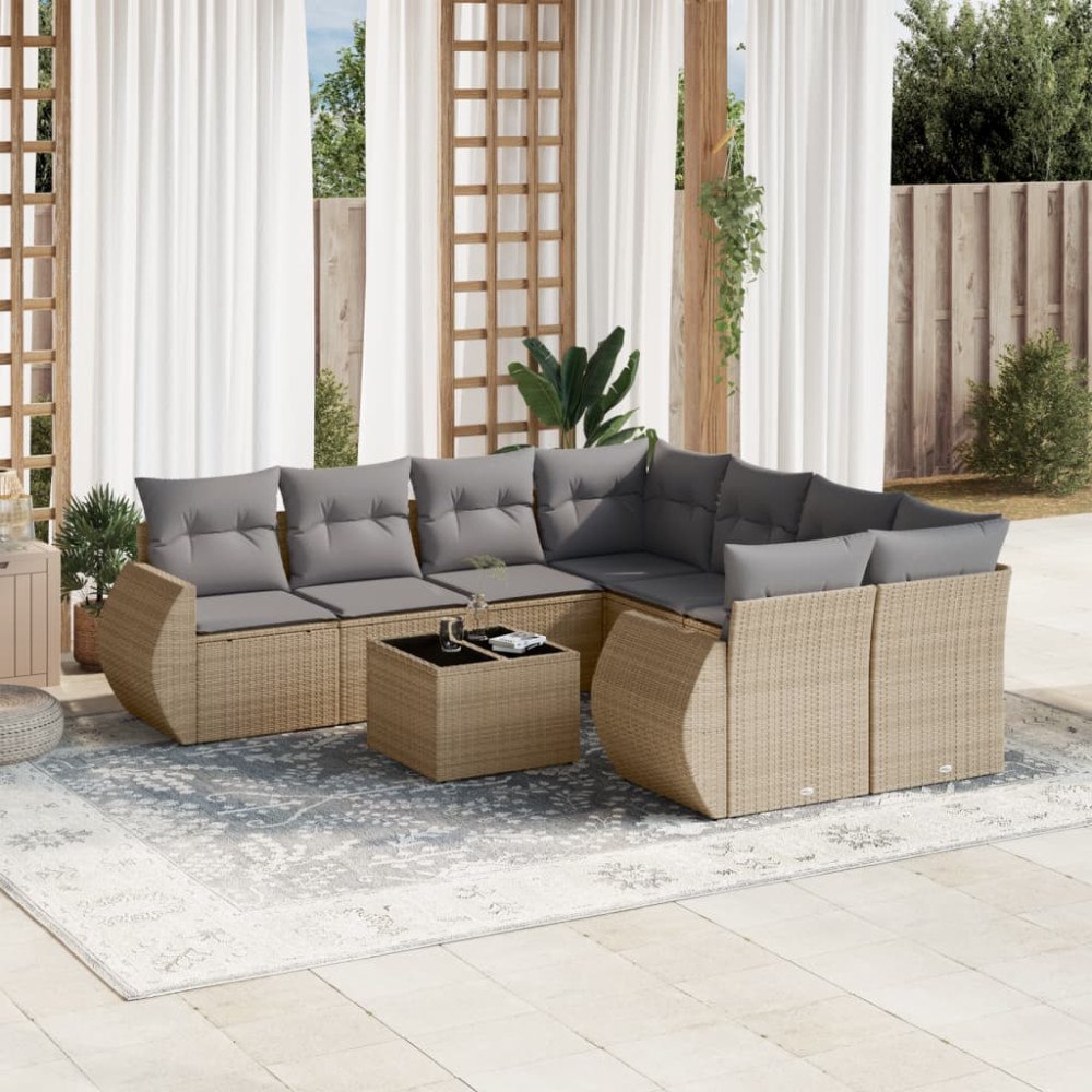 vidaXL Soffgrupp för trädgården med dynor 9 delar beige konstrotting
